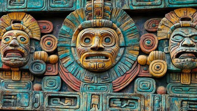 A close-up of a carved stone panel depicting three faces, found in a temple in Mexico