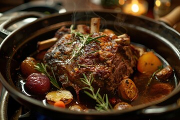 Succulent rosemary and garlic roast lamb with crispy potatoes and roasted vegetables