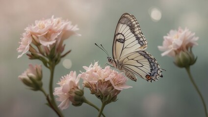 Obraz premium White and black butterfly with pink flowers in soft focus