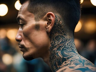 Artistic Mid-adult Man Covered in Tattoos, with a Trendy Haircut and Wearing an Earring, in Profile with a Bokeh Background