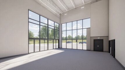 Fototapeta premium A spacious, well-lit interior with large windows and a minimalist design.
