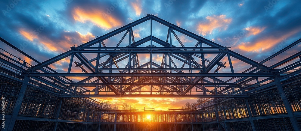 Wall mural A silhouette of a metal frame building at sunset with a bright orange sky.