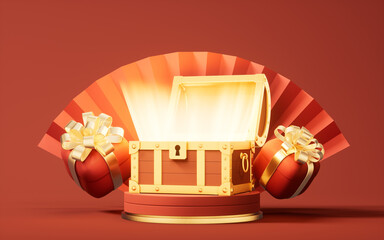 Opened retro treasure box and gift box, 3d rendering.