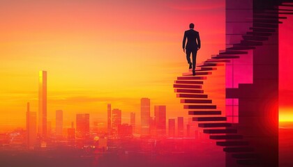 Professional in business attire climbing spiral stairs, showcasing the complexities of the journey to success, with a futuristic cityscape in the background