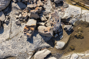 the structure of the bottom is a shallow mountain river, an old man and nature walks, a sunny day