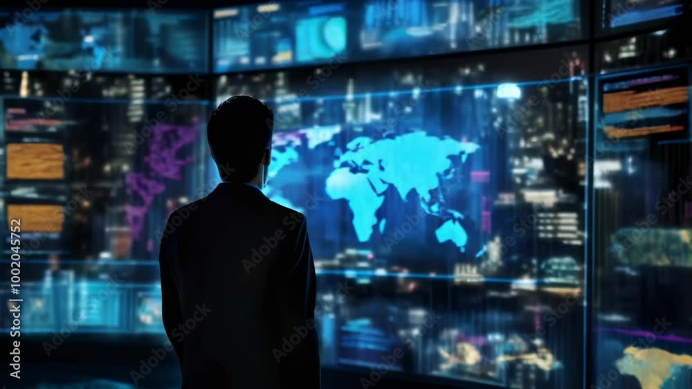 Poster businessman in a dark room, looking at digital screens with data and a world map, showing charts and