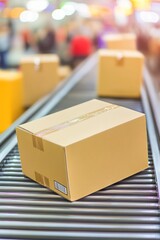 A cardboard box on a conveyor belt in a shipping or logistics facility.