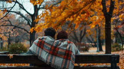 Fototapeta premium Cozy Couple in Autumn Park with Colorful Leaves