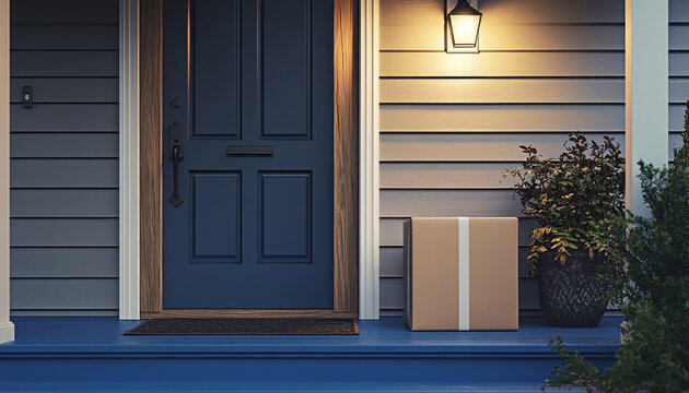 A welcoming front porch featuring a blue door, a package, and decorative plants, suggesting a home delivery scenario.