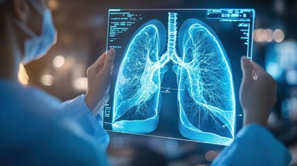 A medical professional is examining a radiographic image of human lungs, likely a digital chest X-ray or CT scan, held up against a light source.