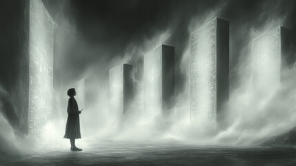 Obraz premium A young woman stands alone in a foggy, futuristic landscape, illuminated by towering structures.