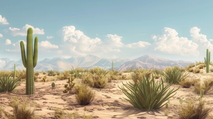 Fototapeta premium Desert Landscape with Cacti and Mountain Background