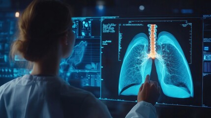 A healthcare professional is examining a digital X-ray of human lungs on a screen, potentially diagnosing a medical condition or analyzing the patient's health.
