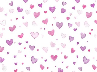 a pattern of various heart shapes scattered across a white background. The hearts are in different shades of pink and purple, ranging from light to dark tones. They vary in size and are randomly