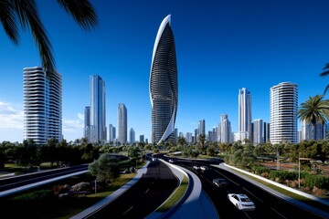 3D-rendered urban development zone, with skyscrapers and residential buildings fully modeled in a dynamic, digital cityscape
