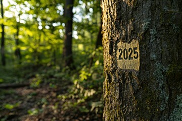 tree bark, nature, forest, close up of a tree trunk marked with the number , sunlight filtering through leaves, creating a serene atmosphere overall characters