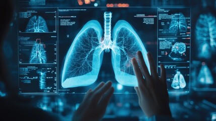 A medical professional is analyzing a holographic display showing detailed human lung imagery with various data points, indicative of advanced medical diagnostic technology.