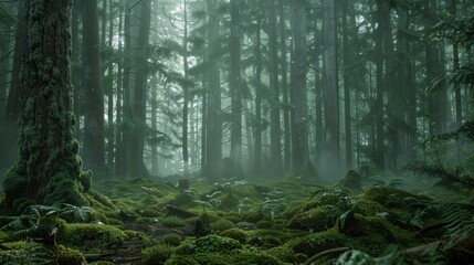Obraz premium Lush Green Forest with Misty Atmosphere