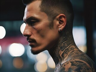 Masculine Man Covered in Tattoos, Wearing an Earring and Facial Hair, in Profile with a Bokeh Lights Background