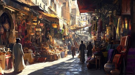 Obraz premium A bustling marketplace in a Middle Eastern city, filled with vendors selling goods and people shopping. The narrow alleyway is lined with stalls selling carpets, lamps, spices, and other goods.