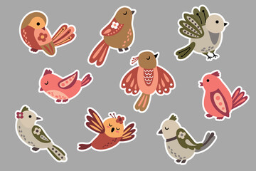 Set of stickers with cute birds. Hand drawn style.
