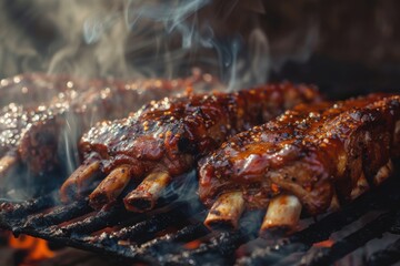  Smoky grilled BBQ ribs sizzling over open flames for a perfect smoky barbecue feast






