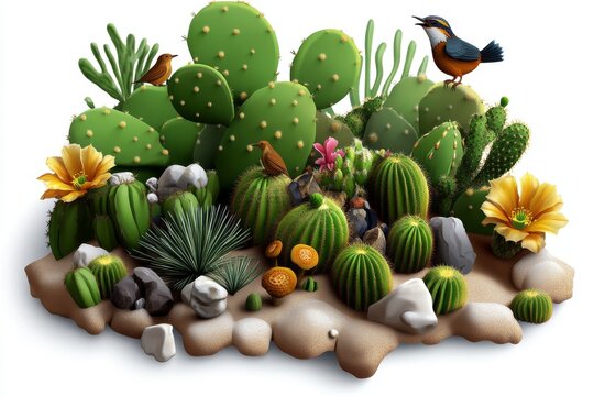 A diverse desert ecosystem, featuring cacti, lizards, birds, and small mammals that have adapted to thrive in the harsh, arid environment