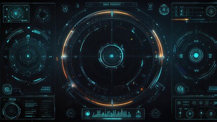 Fototapeta premium Futuristic HUD interface with a circular target in the center and various data displays.