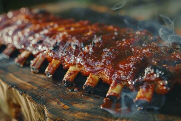 Barbecue ribs garnished with rosemary on slate plate for a gourmet smoky BBQ feast






