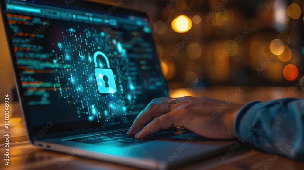 Poster secure digital lock on laptop screen with user interaction