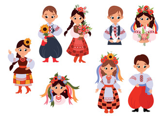 Set of Ukrainians in national costumes. Ukrainian girls and boys. White background, isolate.
Hand-drawn style.