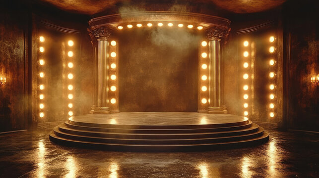 Empty stage with a spotlight in a dark room with pillars.