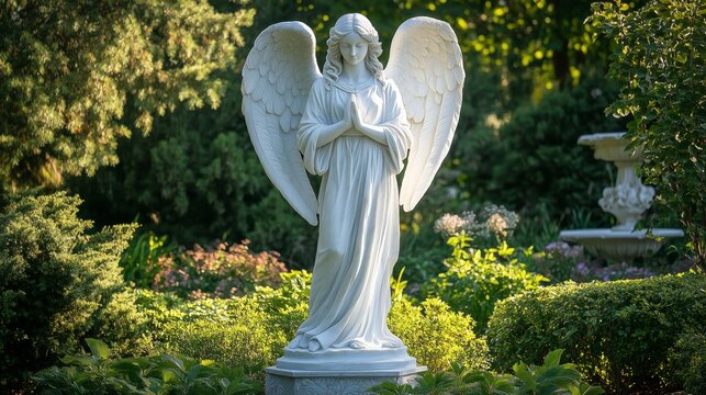 Angel Statue with Folded Hands in Tranquil Garden - Made with Generative AI