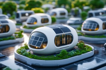 A futuristic city block in development, with modular smart buildings being assembled by advanced machinery, surrounded by green spaces and solar panels