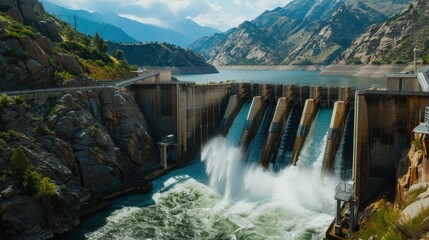 Scenic Dam with Flowing Water and Mountain Background