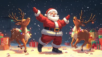 Santa Claus dancing with reindeer, surrounded by candy canes, Christmas lights, and gifts, cute cartoon style, bright and festive colors, joyful expressions, snowflakes in the background,