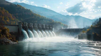 Powerful Water Flow at a Scenic Hydroelectric Dam