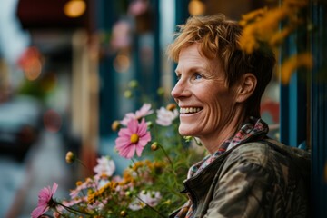 Portrait of a senior woman with flowers in the city. Smiling middle-aged woman.