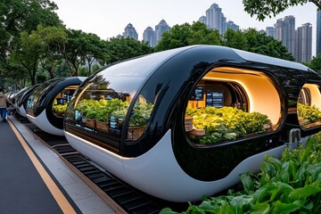 A futuristic rural market with advanced tech stalls, where locals use digital currency to buy farm-fresh produce and artisan goods in a digitally enhanced environment