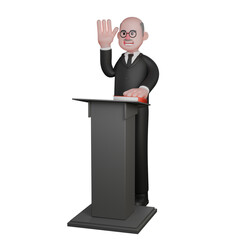 Male Judge Illustration in 3D. A judge stands behind the podium with his hand raised while his other hand holds a book on the table. Professional Legal