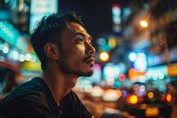 Obraz premium Portrait of a young Asian man in the street at night.