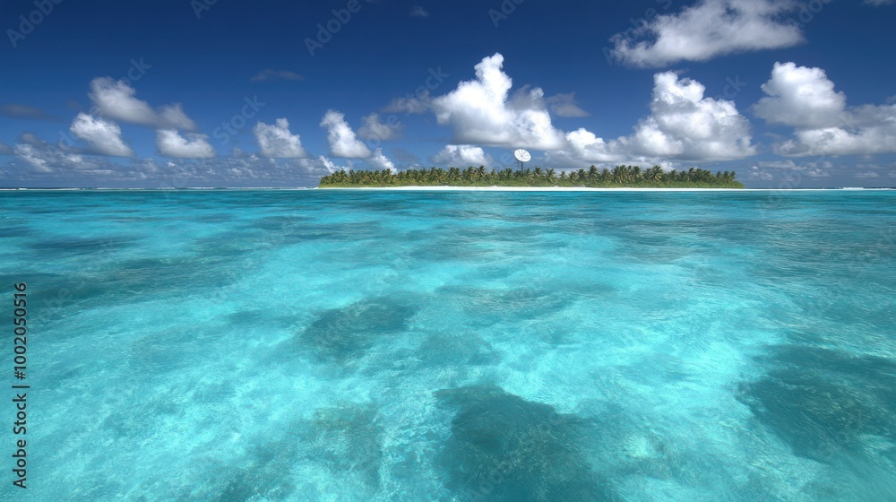 Poster A small, tropical island with lush green vegetation rises from the crystal clear blue water of the ocean. The sky is a brilliant blue with fluffy white clouds.