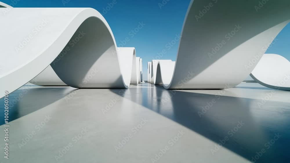 Aufkleber 3d render of abstract wavy structure, futuristic architecture with empty concrete floor