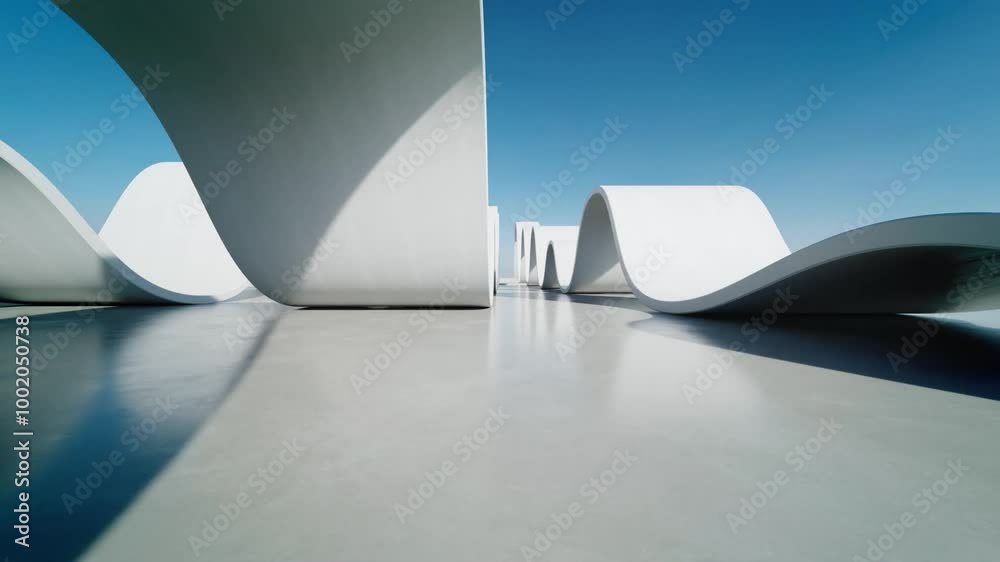 Fototapete 3d render of abstract wavy structure, futuristic architecture with empty concrete floor