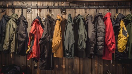 Fototapeta premium Colorful Jackets Hanging on a Wooden Wall