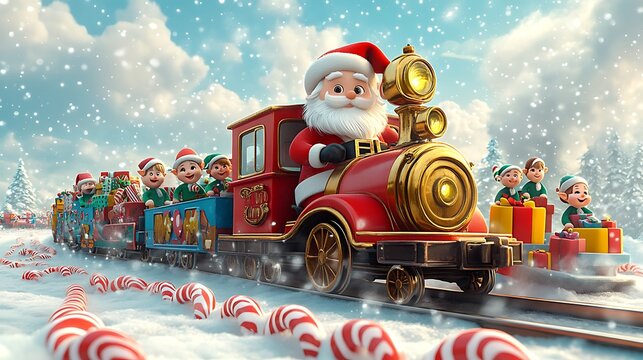 Santa Claus driving a colorful holiday train with elves, toy cars, and presents, with candy cane tracks and snow falling gently, cute cartoon style, vibrant holiday colors,