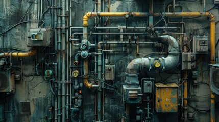 Fototapeta premium Industrial Pipes and Machinery on Urban Wall