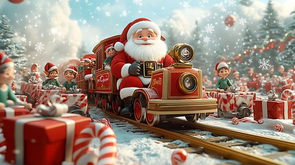 Santa Claus driving a festive train with toy cars and elves, surrounded by wrapped gifts and candy canes, with snowflakes floating through the air, cute cartoon style,