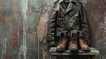 Fototapeta premium Stylish Leather Jacket and Vintage Boots Display