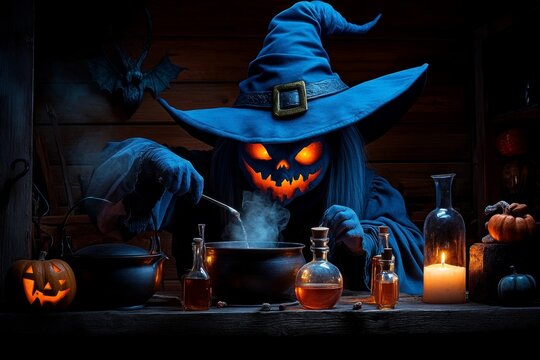 A hyper-realistic view of a witch brewing a potion in her cabin, with detailed bottles, cauldrons, and flickering candlelight casting eerie shadows